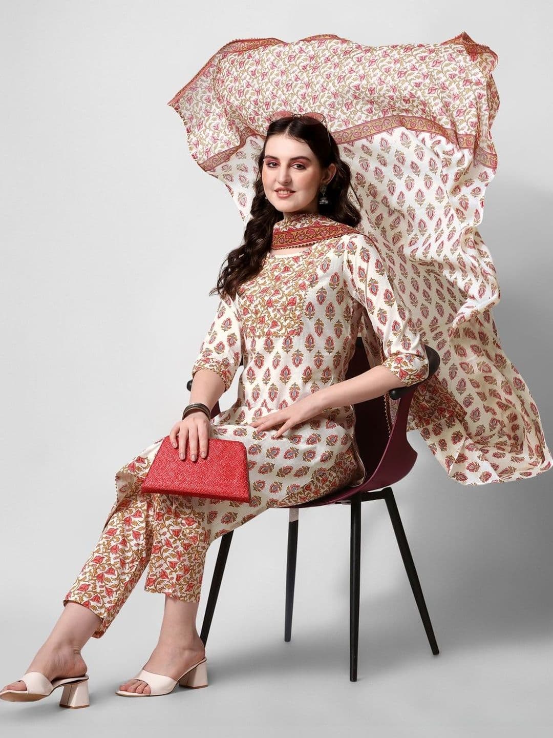 KALINI Ethnic Motifs Printed Gotta Patti Cotton Straight Kurta & Trousers With Dupatta - view 1
