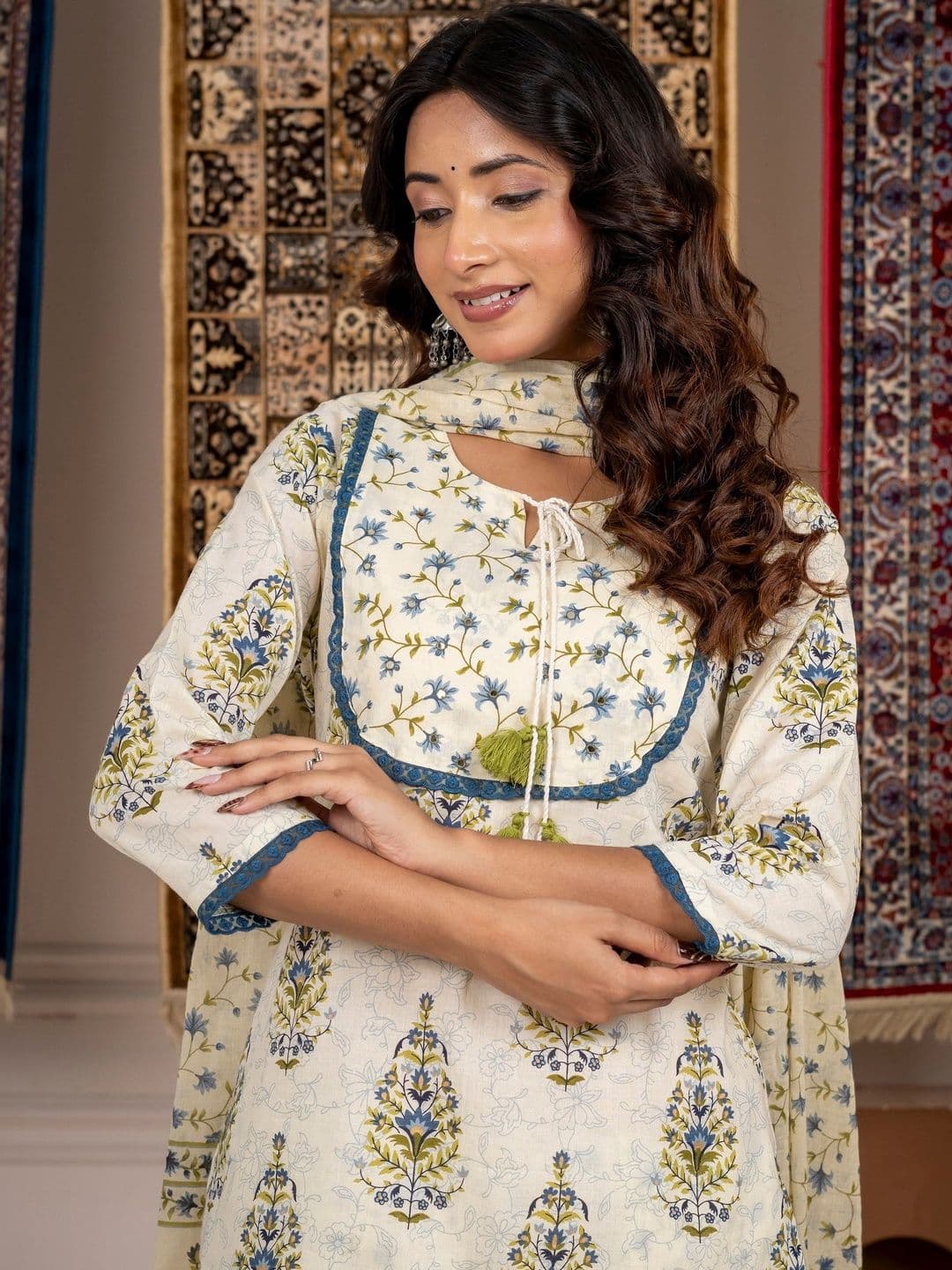 Sarai Jaipur Women Floral Printed Regular Pure Cotton Kurta with Trousers & With Dupatta - view 1