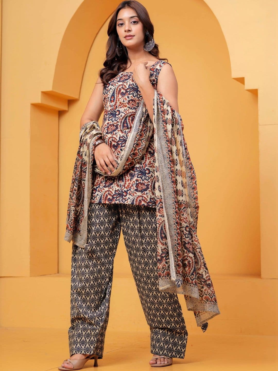 KALINI Women Ethnic Motifs Printed Regular Pure Cotton Kurta with Farshi Salwar & Dupatta - view 1