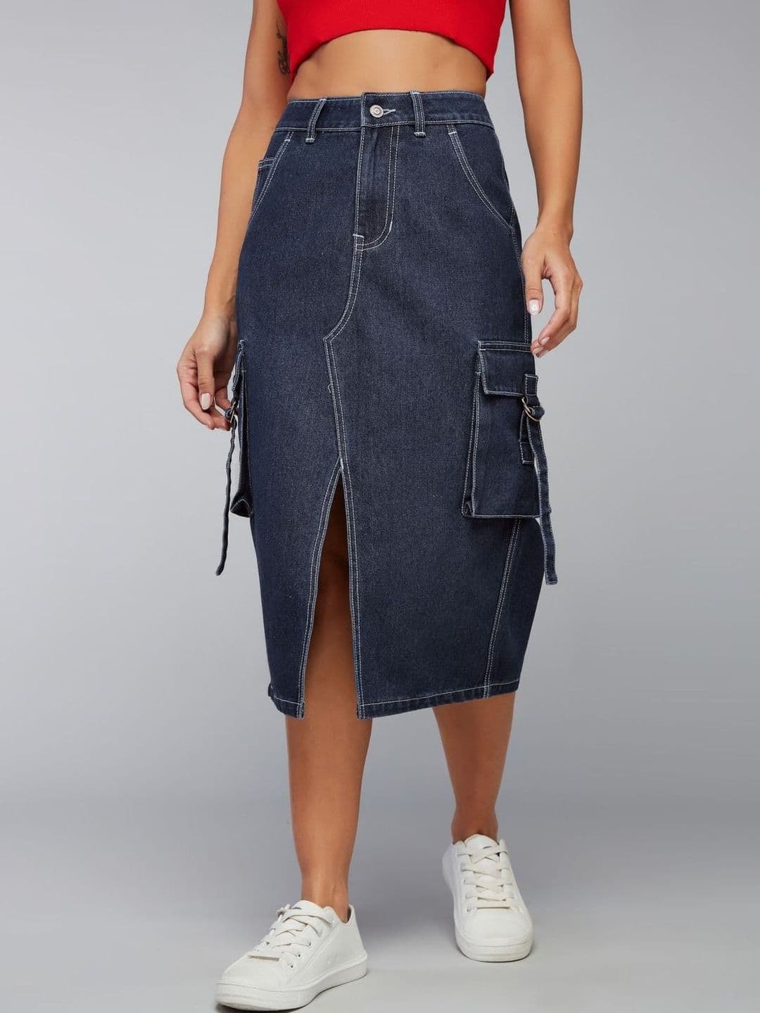 DOLCE CRUDO Women Navy Blue Straight High Rise Clean Look Midi Denim Skirt - view 1