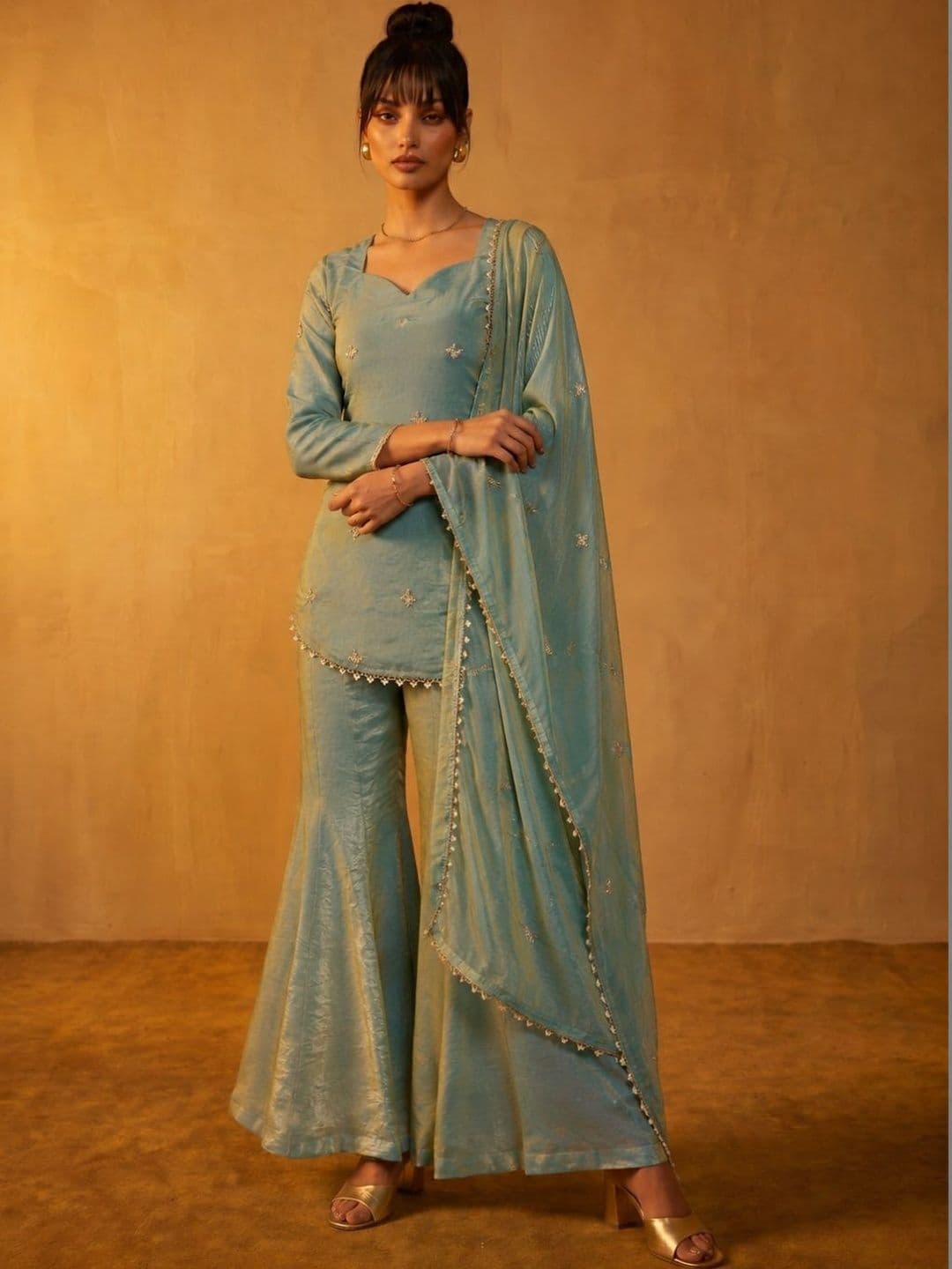 DRIP CHOWK Women Ethnic Motifs Embroidered Regular Thread Work Raw Silk Kurta with Sharara & With Dupatta - view 1
