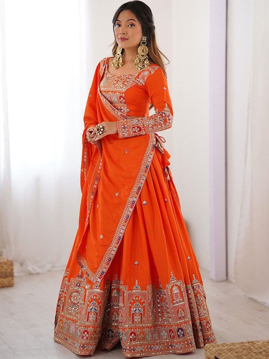 PILUDI HOUSE Embellished Mirror Work Semi-Stitched Lehenga & Unstitched Blouse With Dupatta - view 1