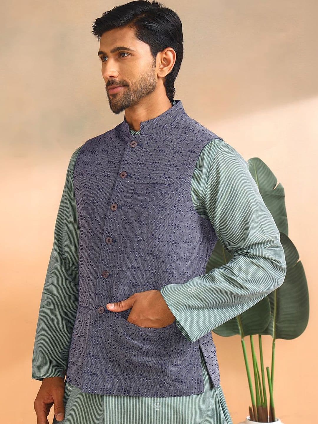 Fabindia Woven Design Cotton Woven Nehru Jacket - view 1