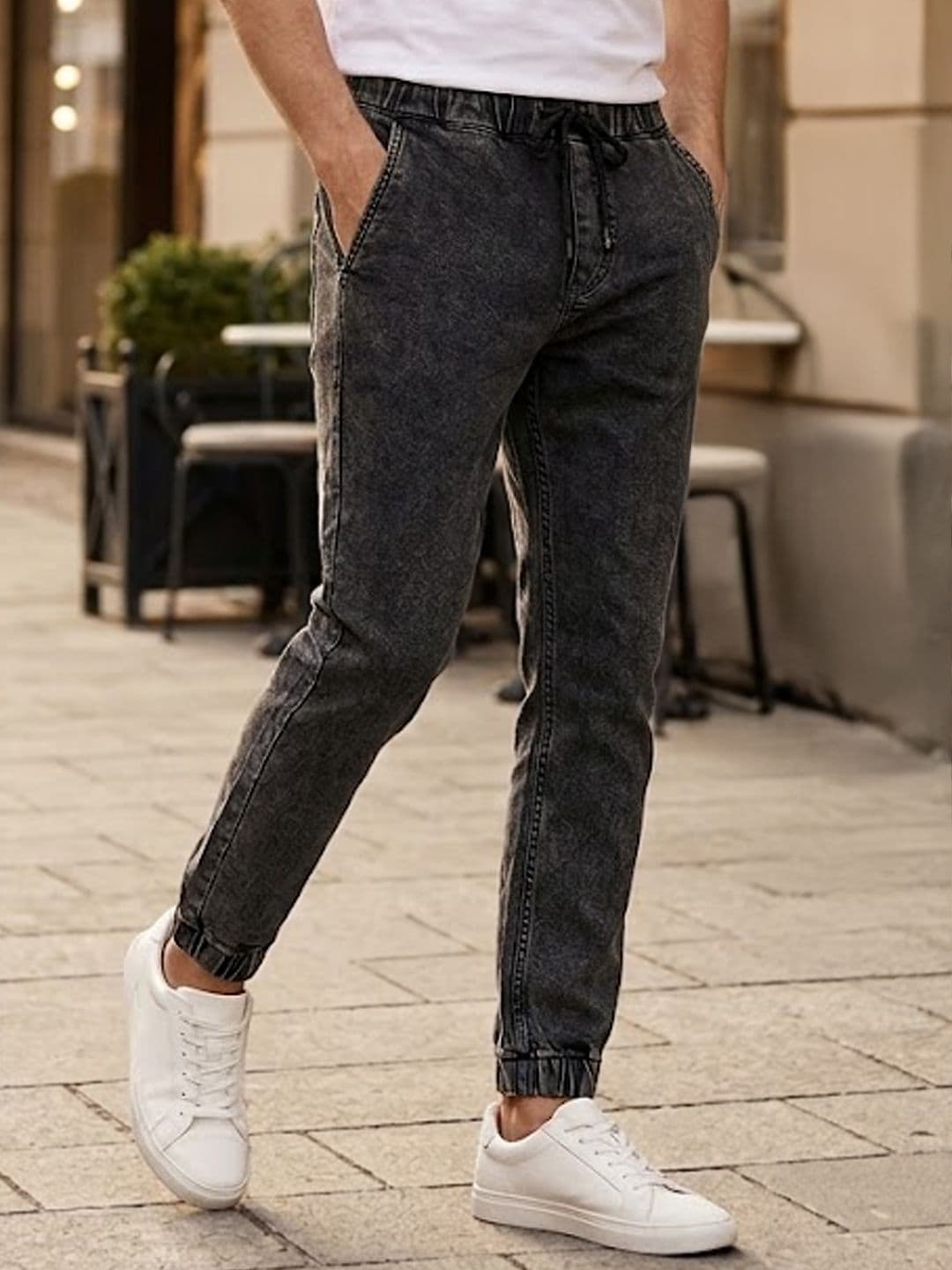 Urbano Fashion Men Black Slim Fit Mid-Rise Clean Look Acid Wash Stretchable Jogger Jeans - view 1
