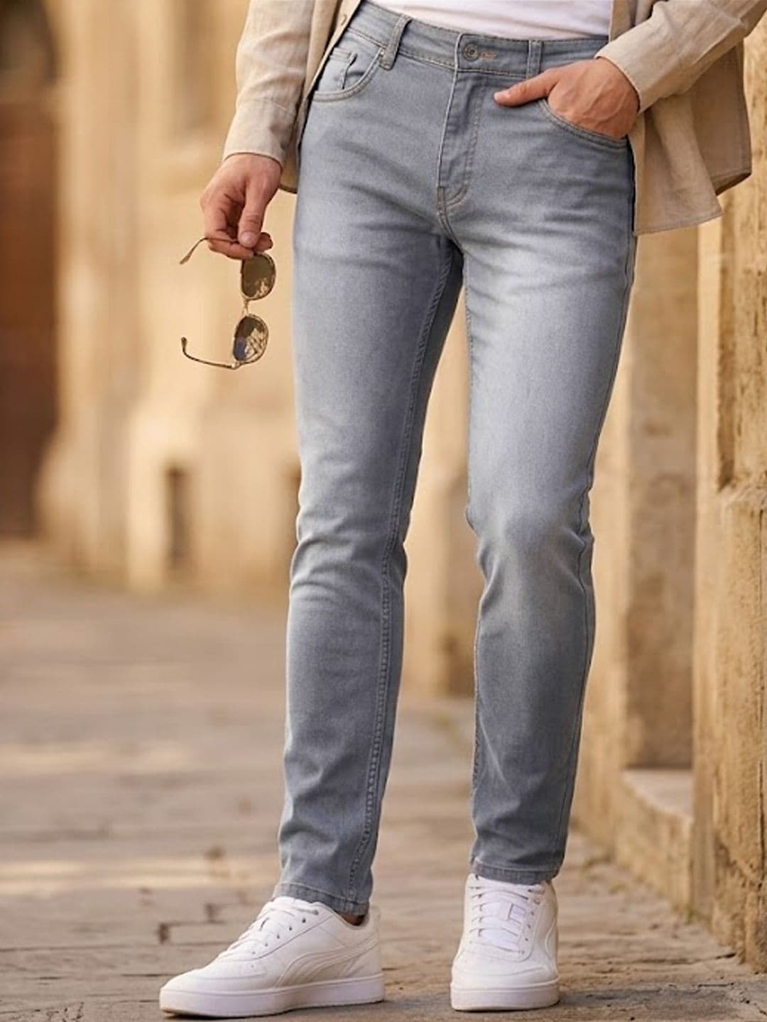 Urbano Fashion Men Grey Slim Fit Light Fade Stretchable Jeans - view 1