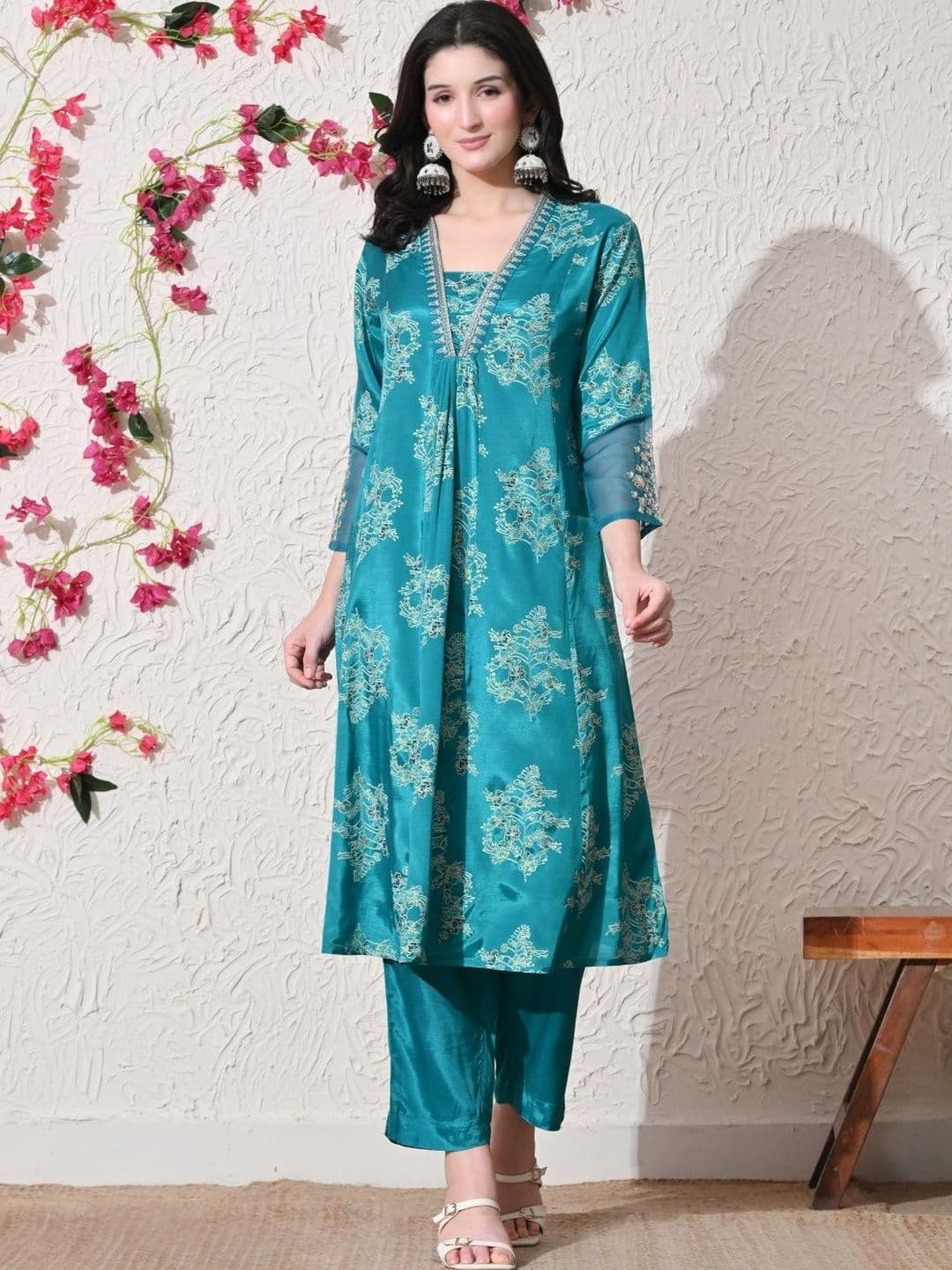 CRENOL THREADS Floral Printed V Neck Tunic With Trouser Co-Ords - view 1