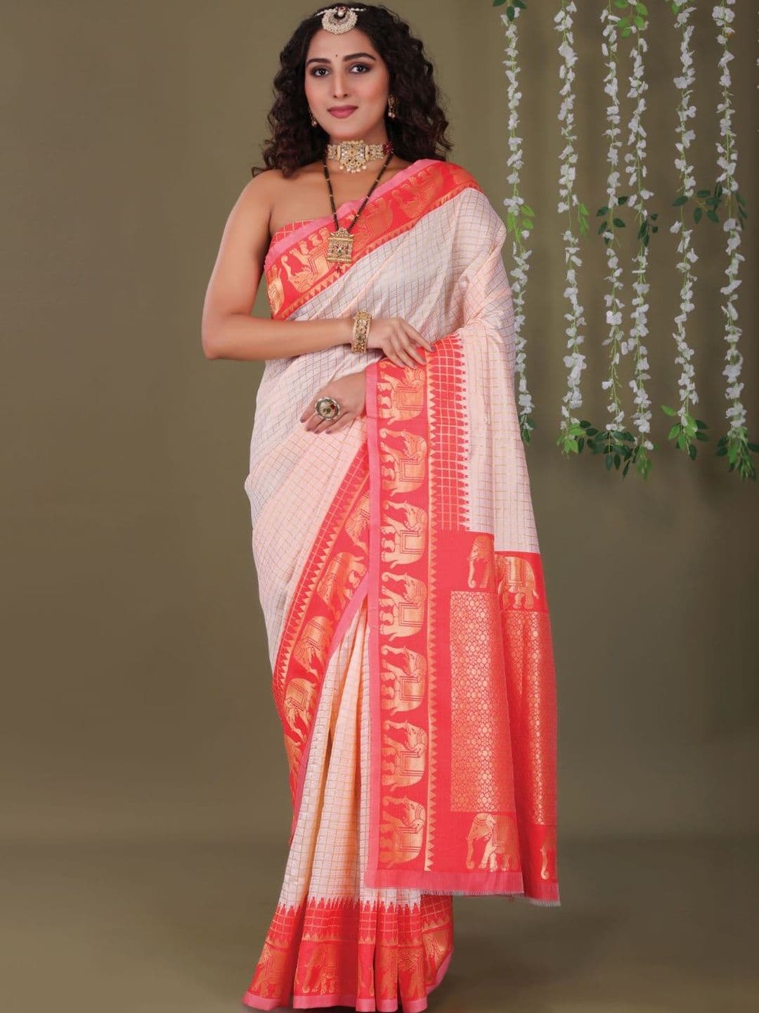 KALINI Checked Zari Art Silk Handloom Kanjeevaram Saree - view 1