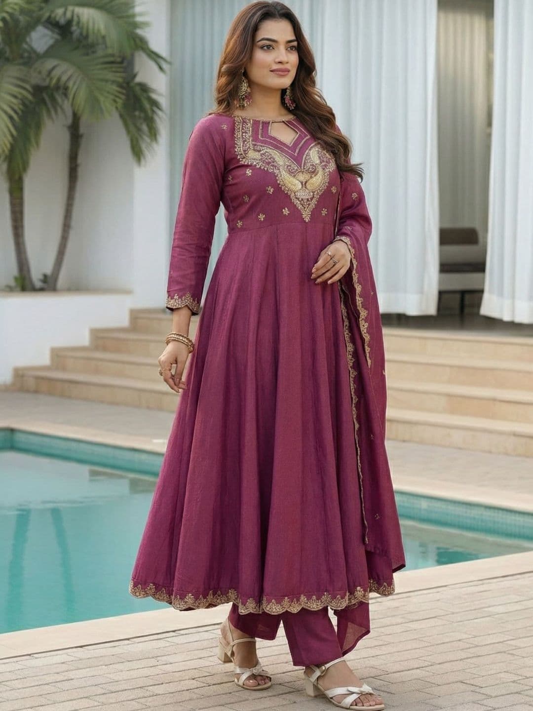 Sangria Women Ethnic Motifs Embroidered Empire Kurta with Trousers & With Dupatta - view 1