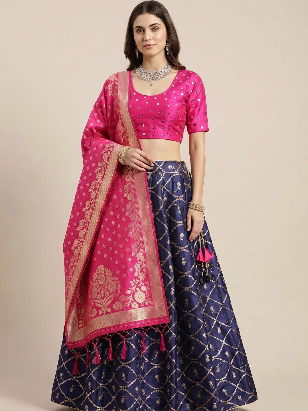 TIRUPATI ENTERPRISES Embellished Mirror Work Block Print Semi-Stitched Lehenga & Blouse With Dupatta - view 1