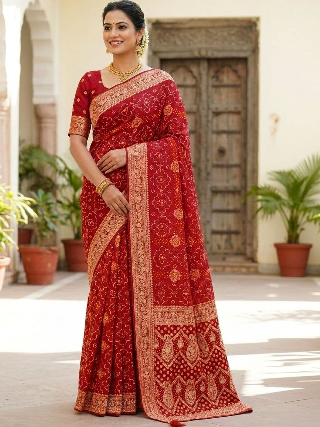Moda Rapido Ethnic Motifs Zari Heavy Work Bandhani Saree - view 1