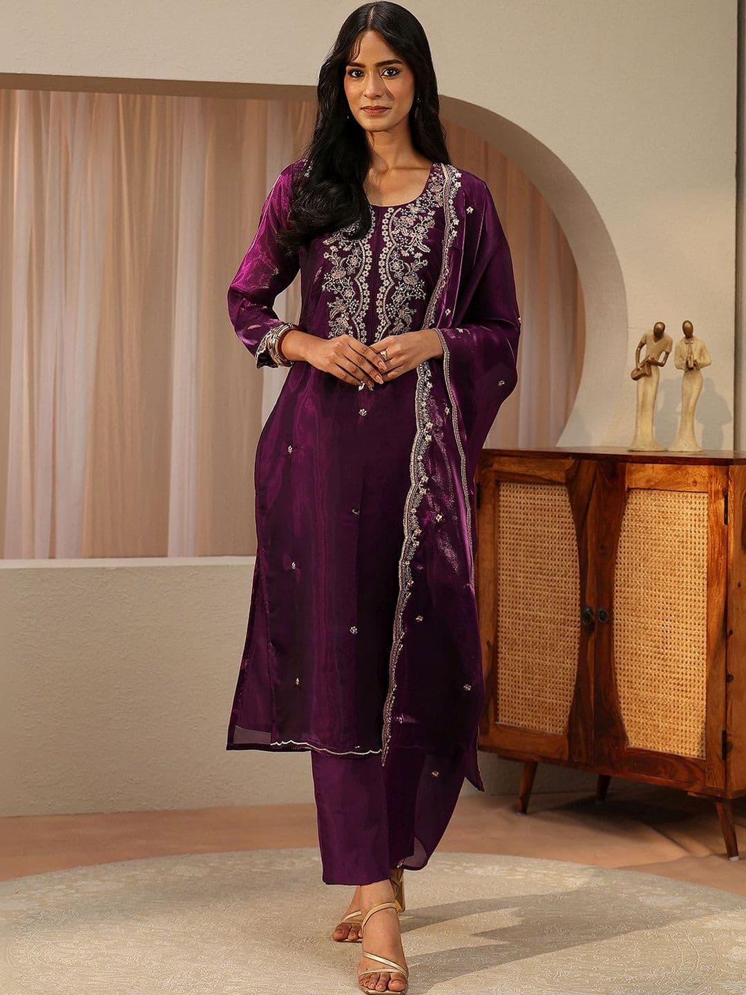 Libas Burgundy Floral Embroidered Tissue Straight Suit Set - view 1