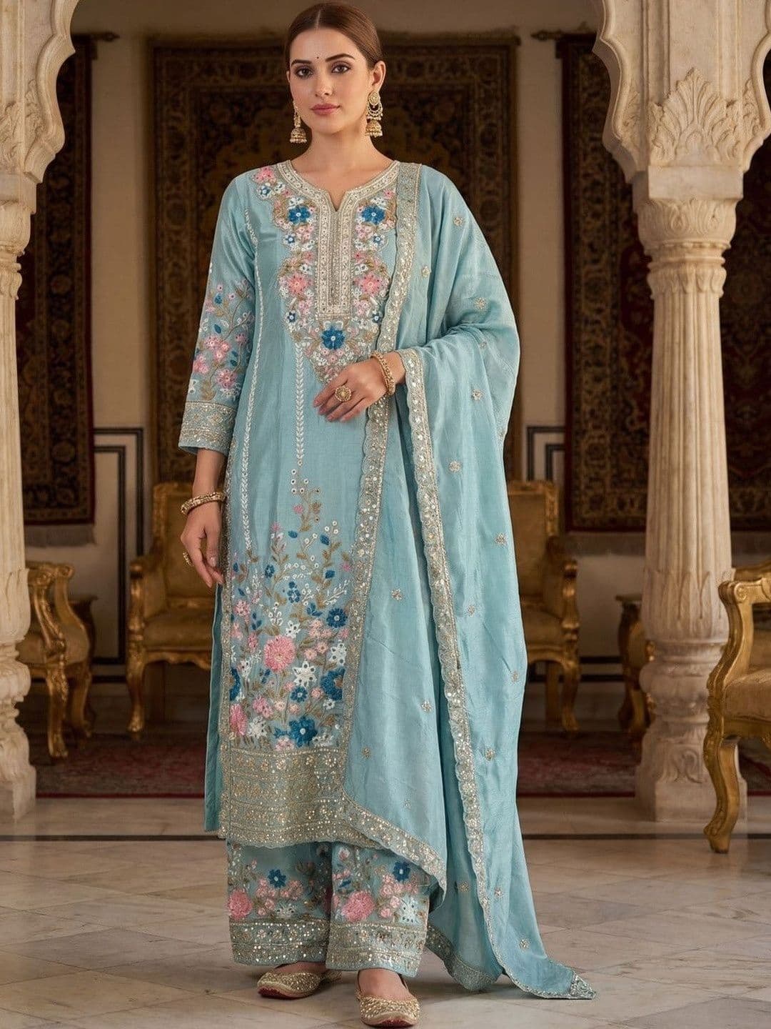 HARIOM FASHION Women Floral Embroidered Regular Sequinned Kurta with Palazzos & With Dupatta - view 1