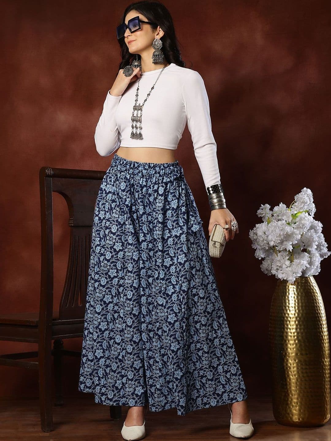 KALINI Women Floral Printed Flared Knitted Ethnic Palazzos - view 1