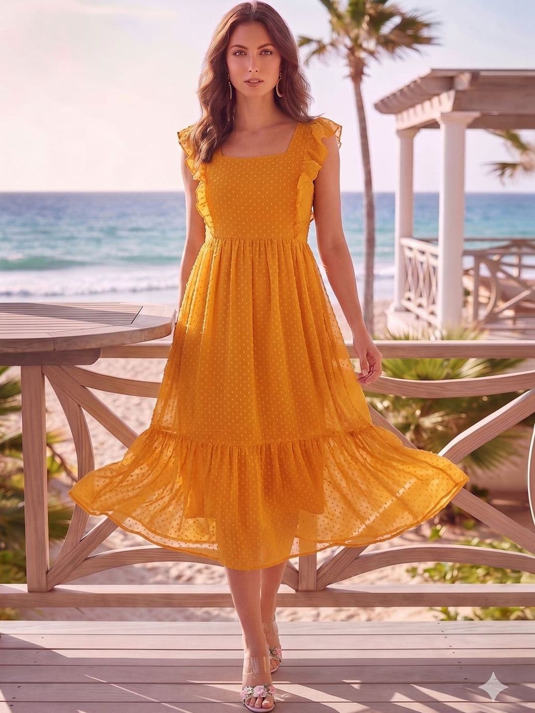 aayu Ruffles Detail Dobby Georgette A-Line Midi Dress - view 1