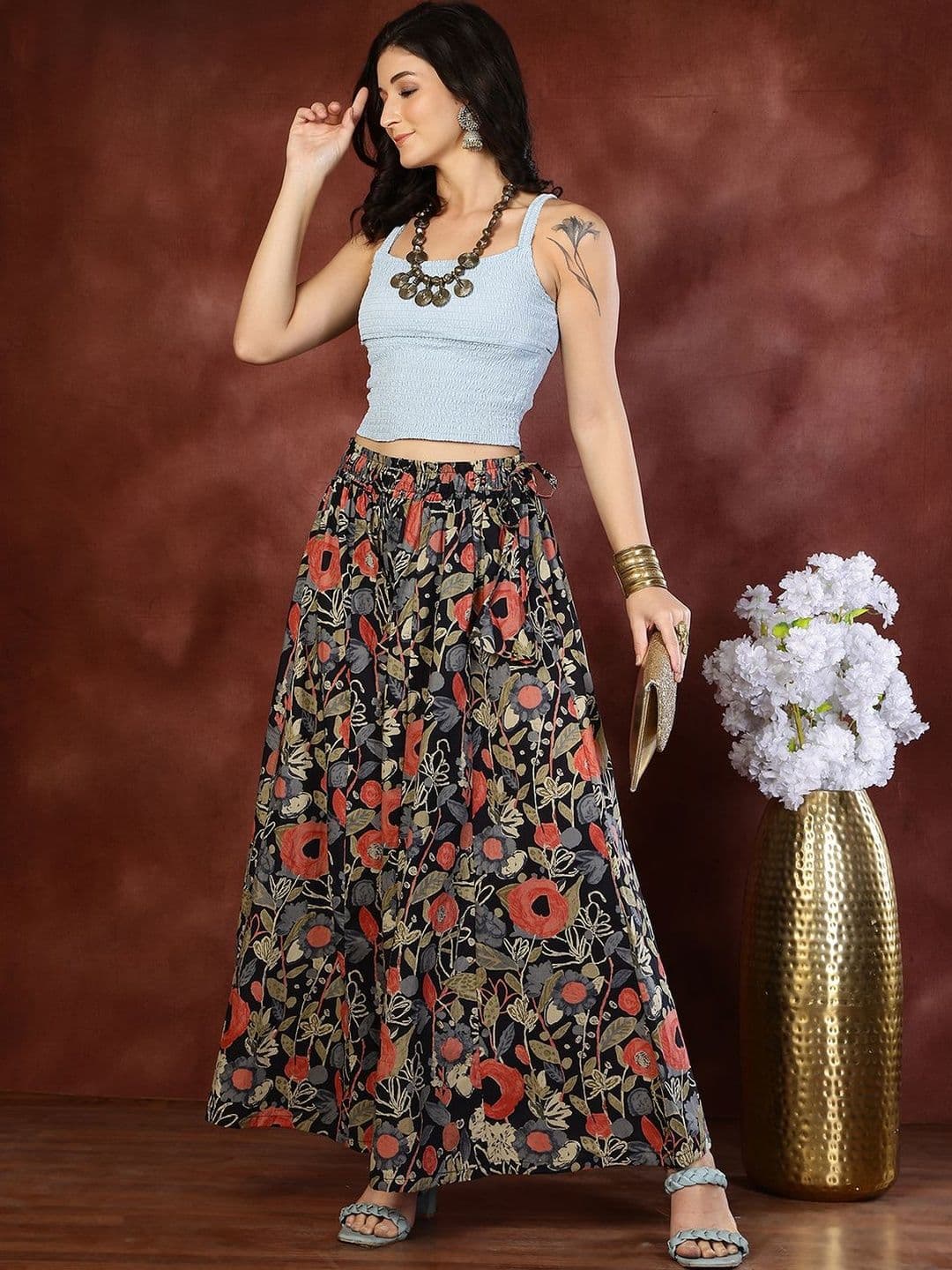 KALINI Women Floral Printed Flared Knitted Ethnic Palazzos - view 1