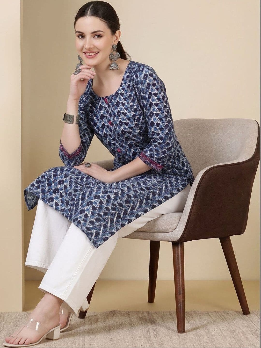 Jaipur Kurti Women Geometric Printed Indigo Kurta - view 1