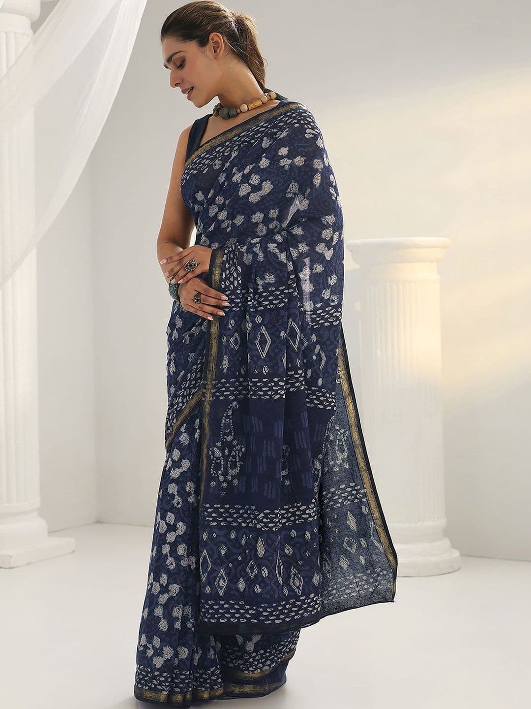 Libas Indigo Dabu Print Cotton Saree - view 1