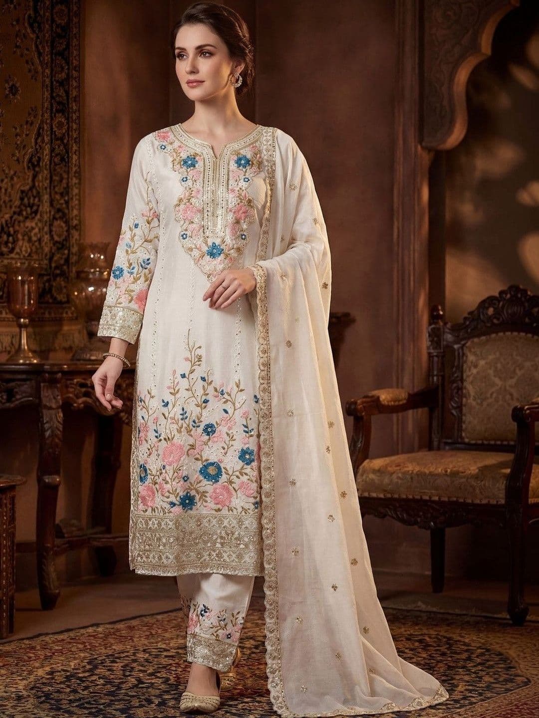 HARIOM FASHION Women Floral Embroidered Notch Neck Kurta With Sharara & Dupatta - view 1