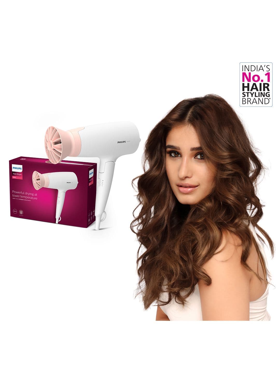 Philips 1600W Foldable Hair Dryer BHD308/30 Thermoprotect Tech 3 Heat Settings- White - view 1