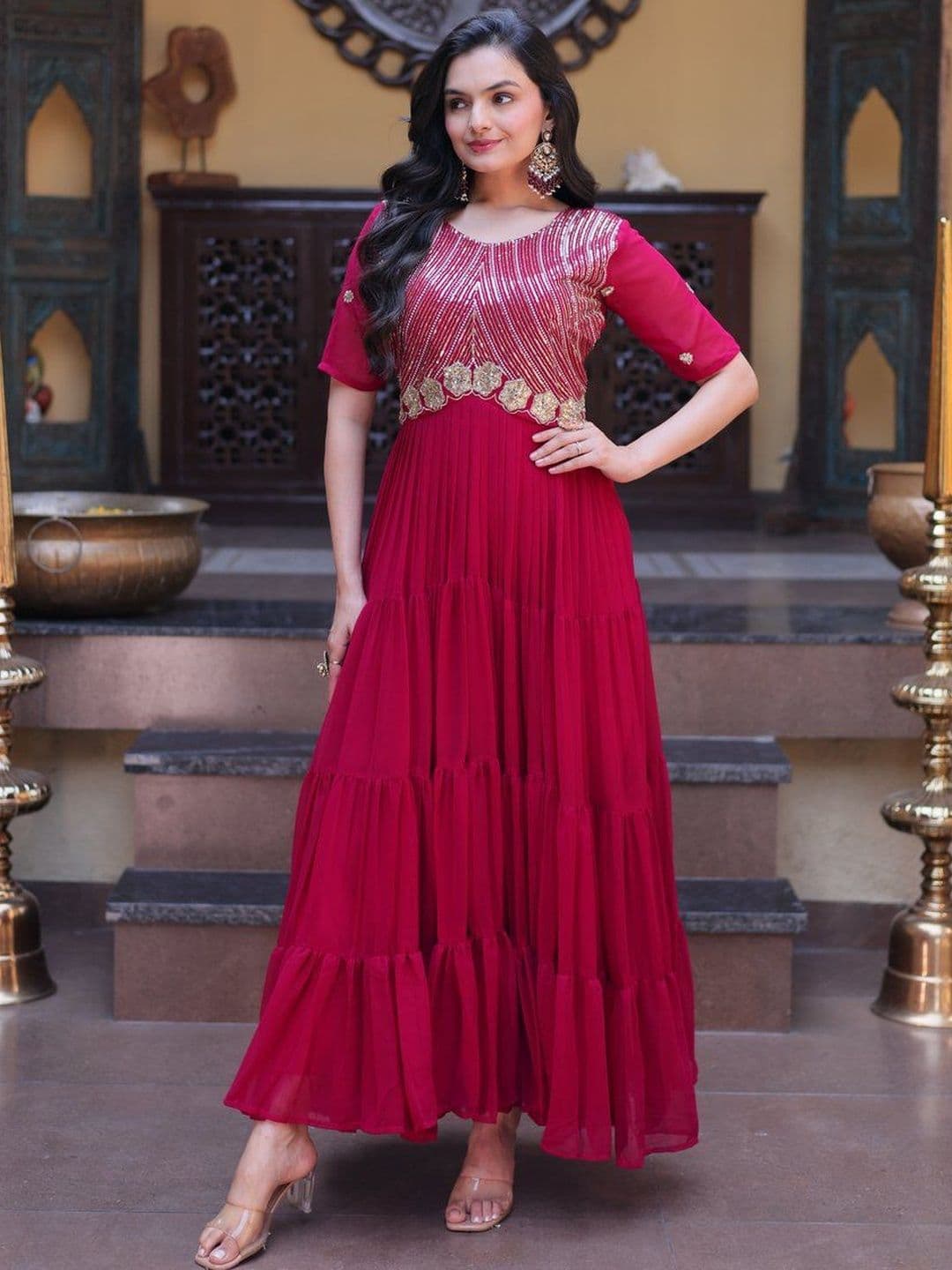 Livewear Women Embroidered Tiered Sequinned Georgette Ethnic Dresses - view 1