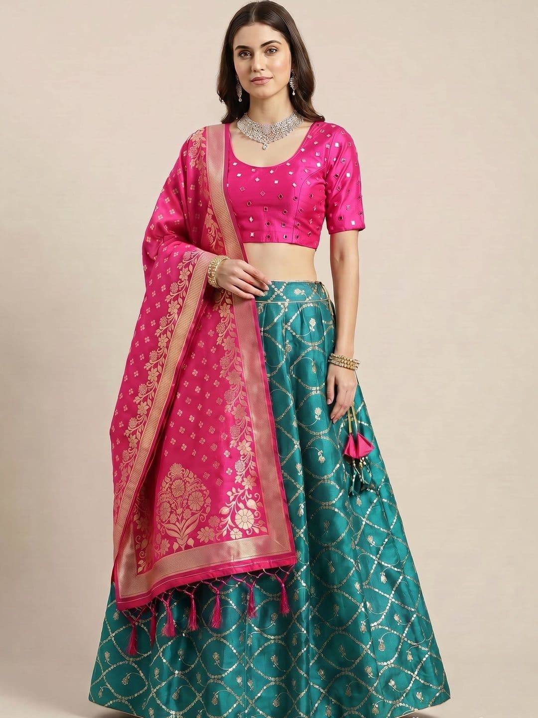 TIRUPATI ENTERPRISES Embellished Mirror Work Block Print Semi-Stitched Lehenga & Blouse With Dupatta - view 1