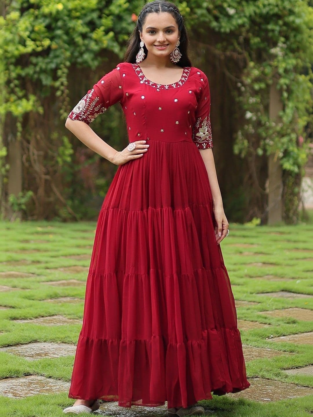 Sangria Ethnic Motifs Embroidered Sequinned Fit & Flare Maxi Georgette Ethnic Dresses - view 1