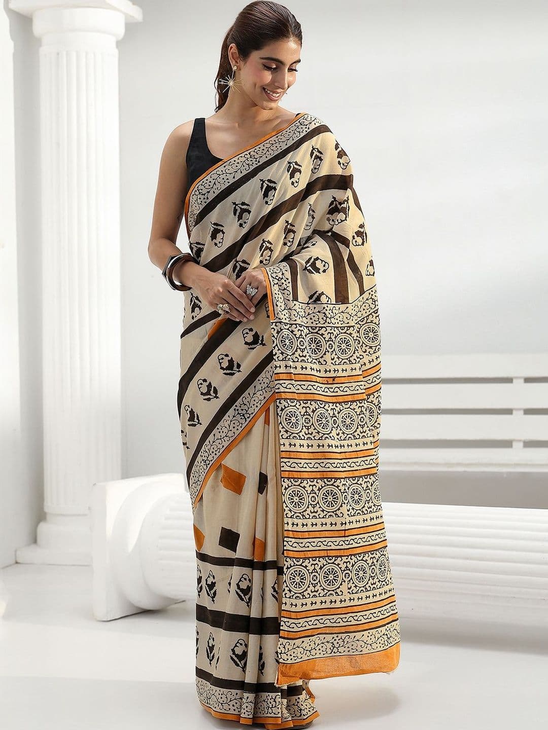 Libas Beige Geometric Print Cotton Saree - view 1