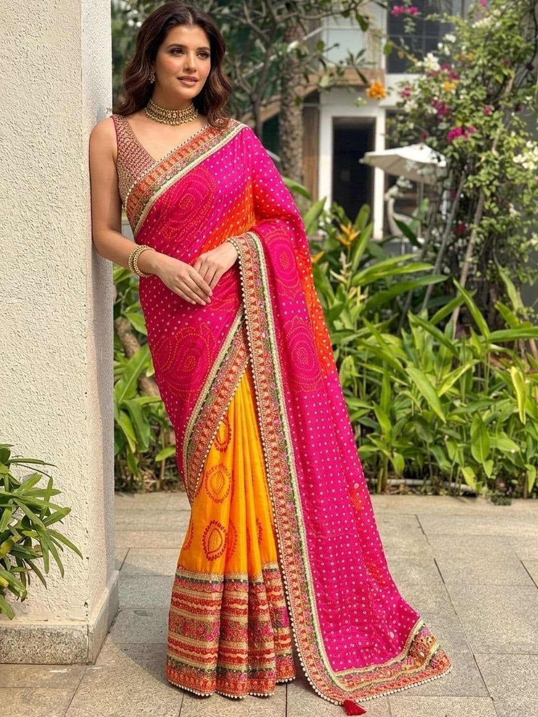 Kalista Bandhani Zari Pure Georgette Half and Half Bandhani Saree - view 1