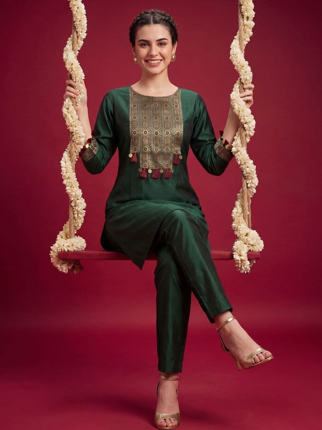Indo Era Women Ethnic Motifs Embroidered Regular Thread Work Liva Kurta with Trousers - view 1