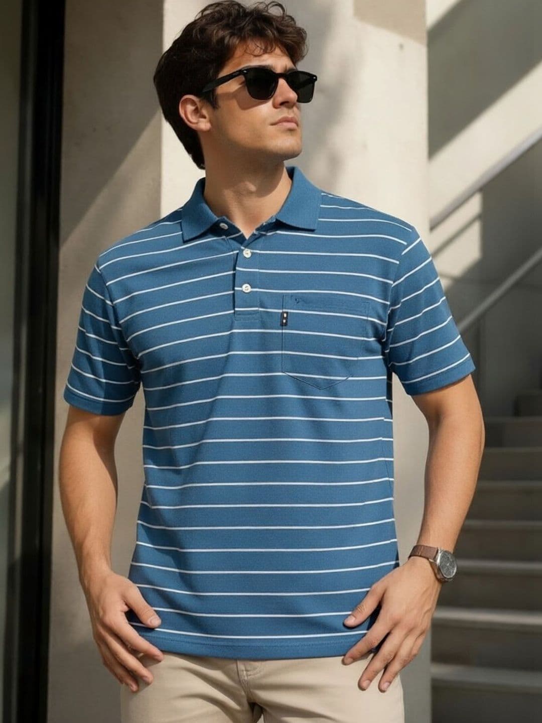 Moda Rapido Men Striped Polo Collar Pockets T-shirt - view 1