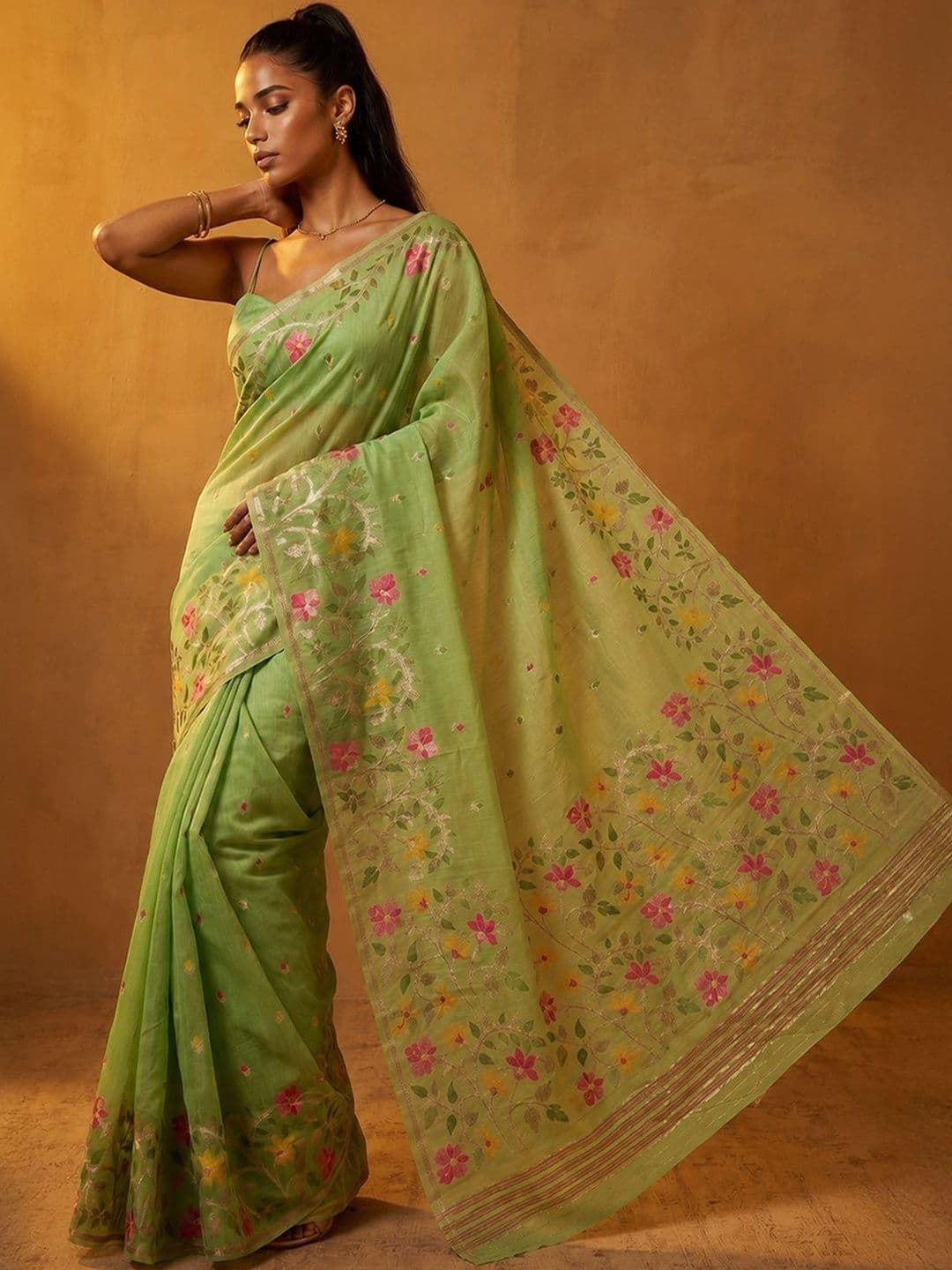 Anouk Floral Embroidered Linen Blend Designer Jamdani Saree - view 1