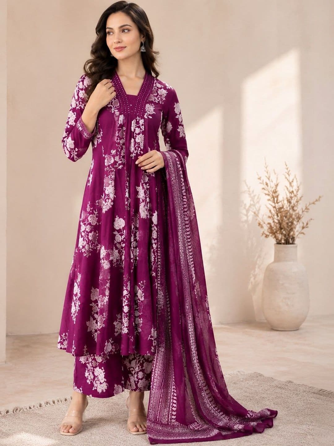 Ansgarments Women Floral Printed Empire Kurta with Palazzos & With Dupatta - view 1