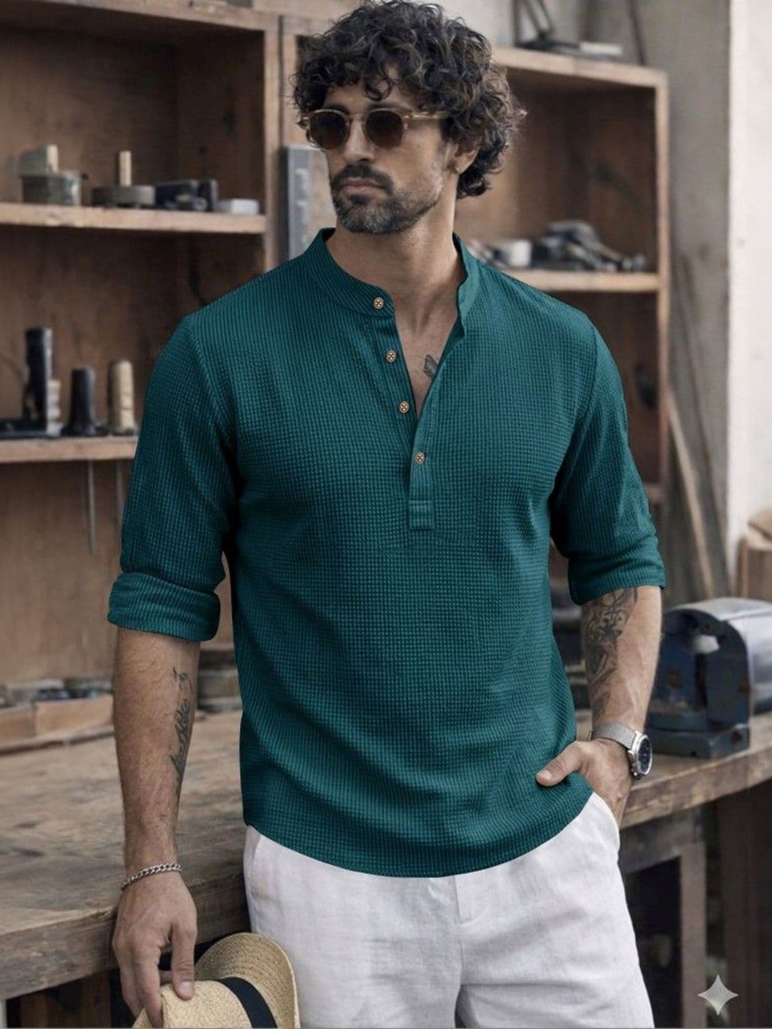 Eyebogler Men Mandarin Collar Roll-Up Sleeves T-shirt - view 1