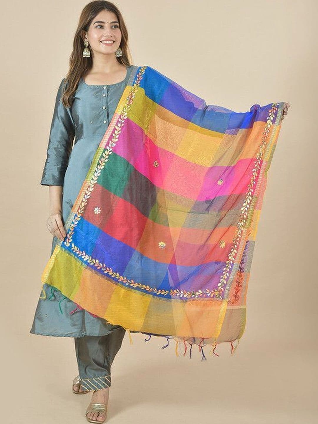 Kuhika Checked Dupatta with Gotta Patti - view 1