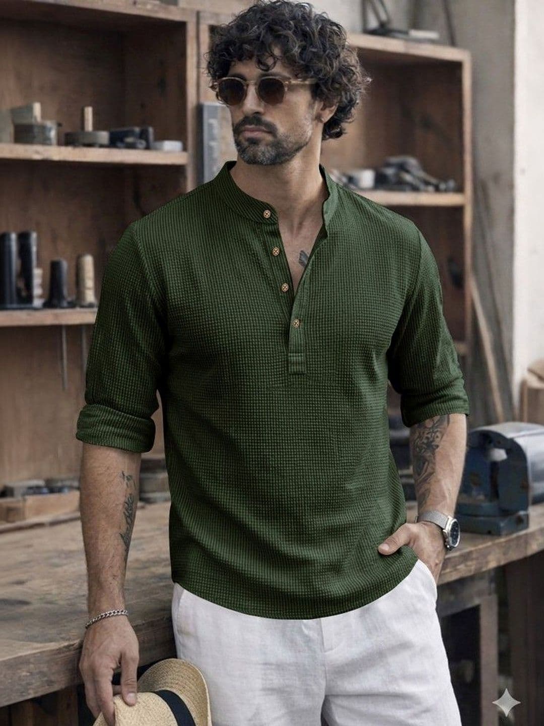 Eyebogler Men Mandarin Collar Roll-Up Sleeves Pockets T-shirt - view 1