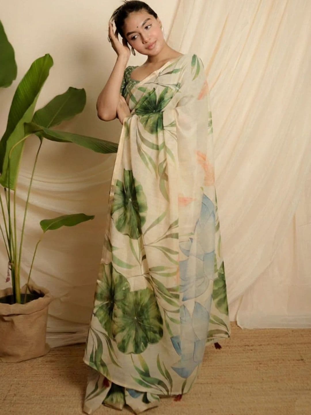 Varutex Floral Printed Linen Blend Khadi Saree - view 1