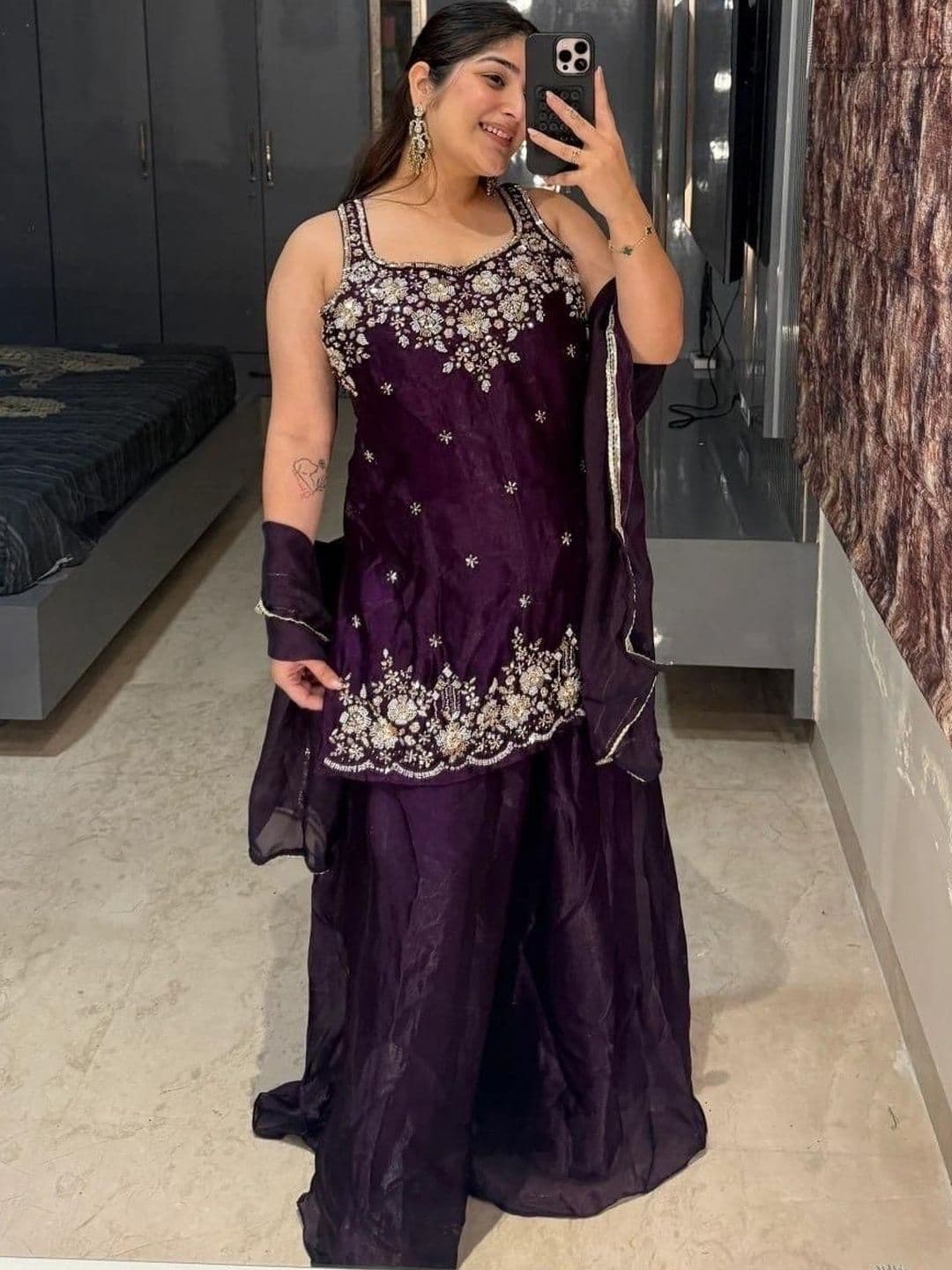 Bouncer Berry Women Ethnic Motifs Embroidered Regular Sequinned Pure Silk Kurta with Sharara & With Dupatta - view 1