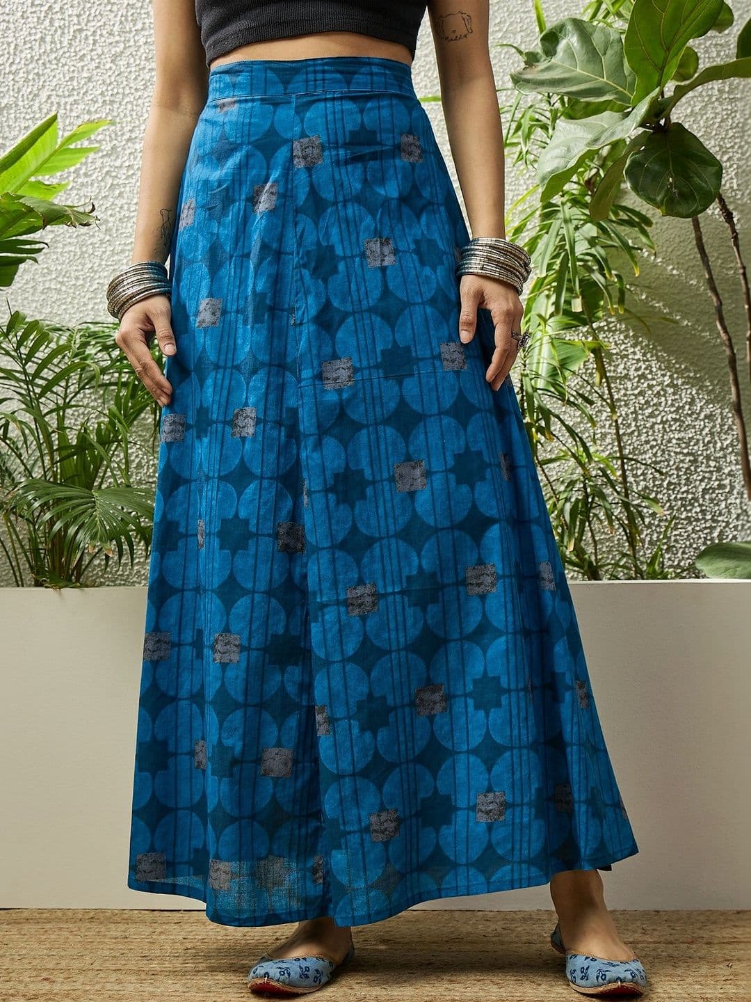InWeave Women Cotton Geometric Side Slit Maxi Flared Skirt - view 1
