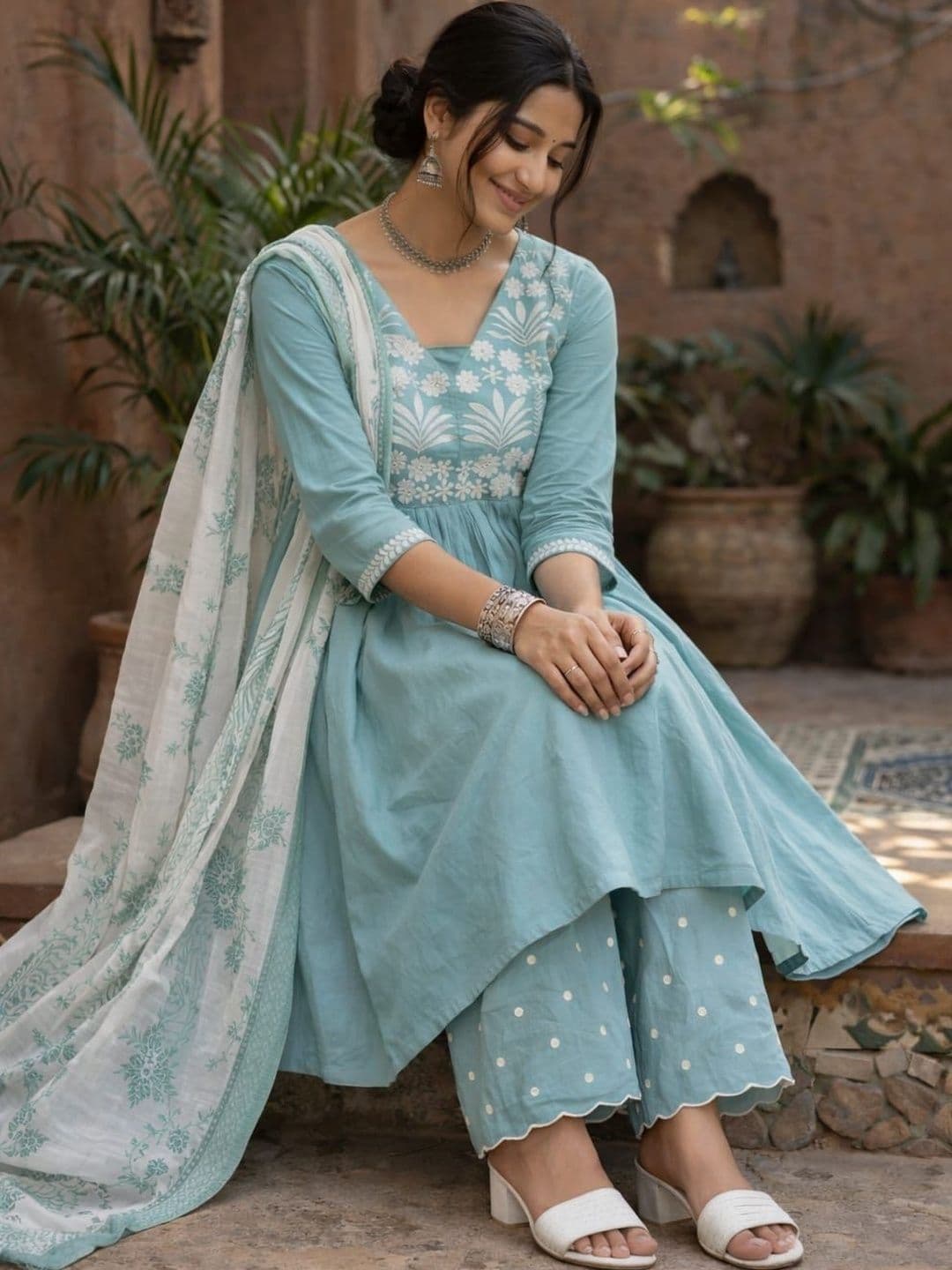 ROSHNI Women Floral Embroidered Empire Thread Work Pure Cotton Kurta with Palazzos & With Dupatta - view 1