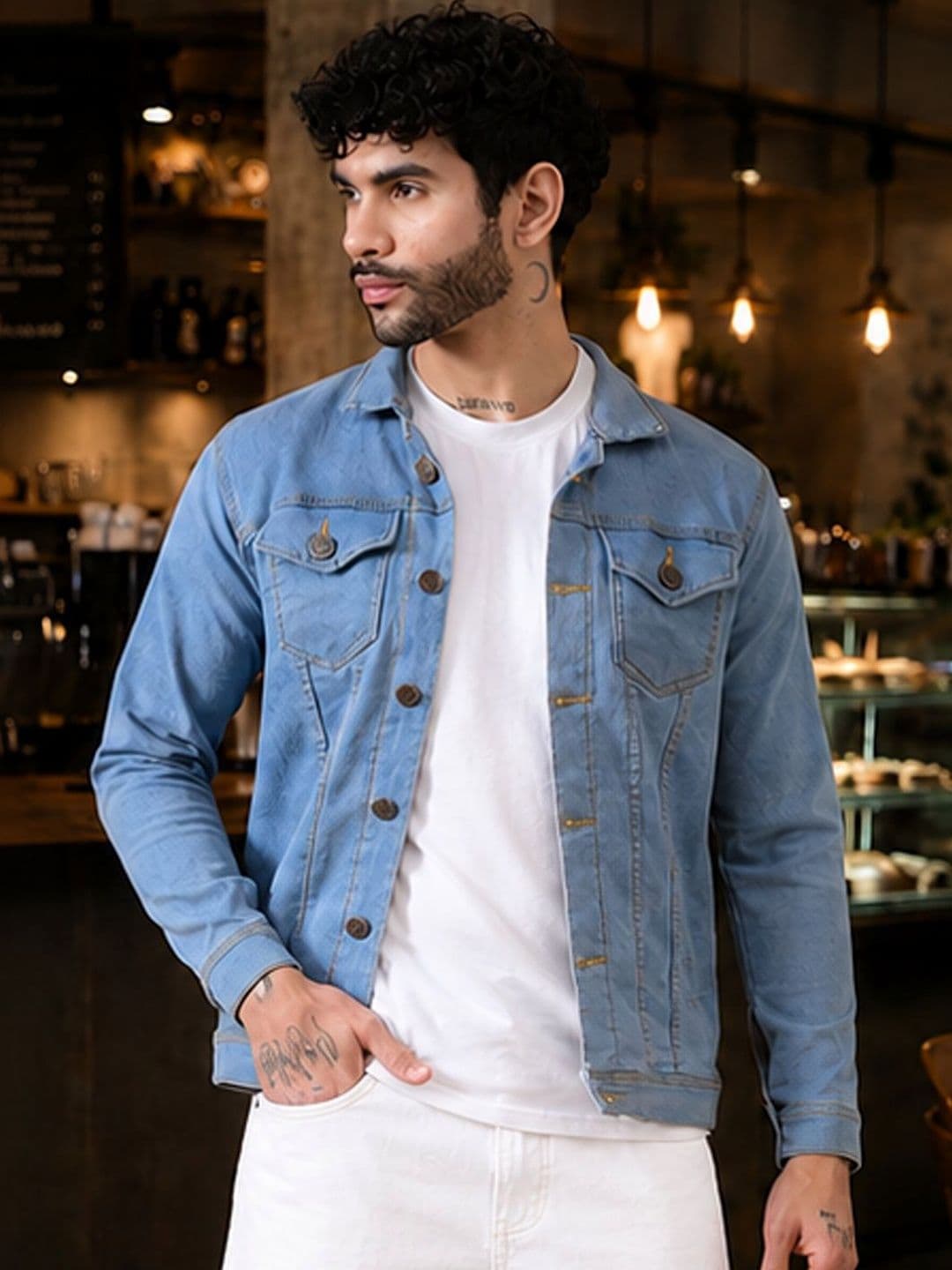 White leapard Men Outdoor Denim Jacket - view 1