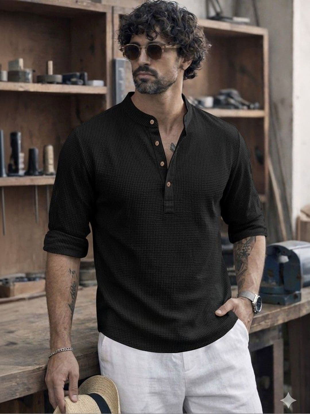 Eyebogler Men Mandarin Collar Roll-Up Sleeves T-shirt - view 1