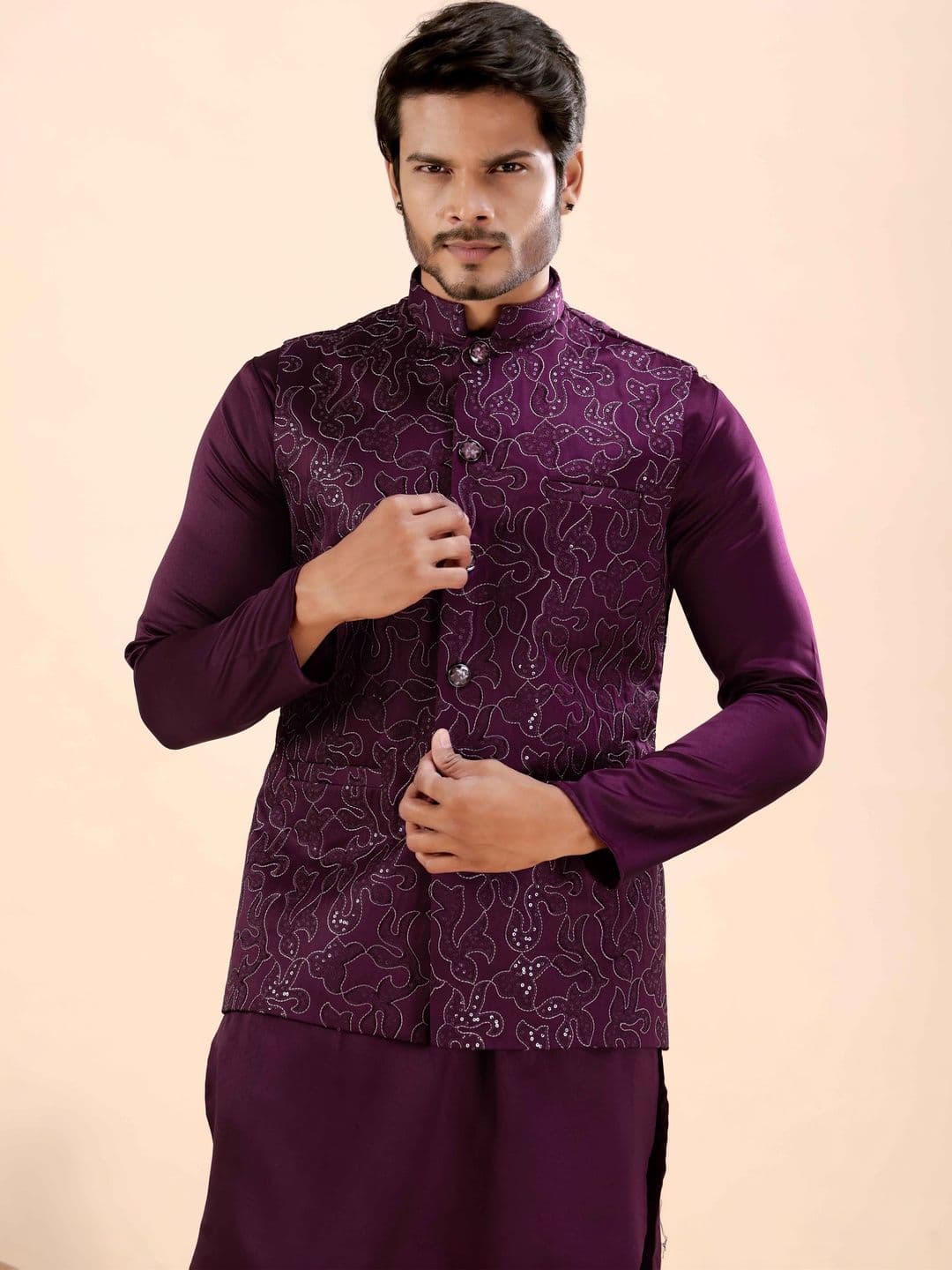 MODERN MUGHALS Embroidered Satin Nehru Jackets - view 1