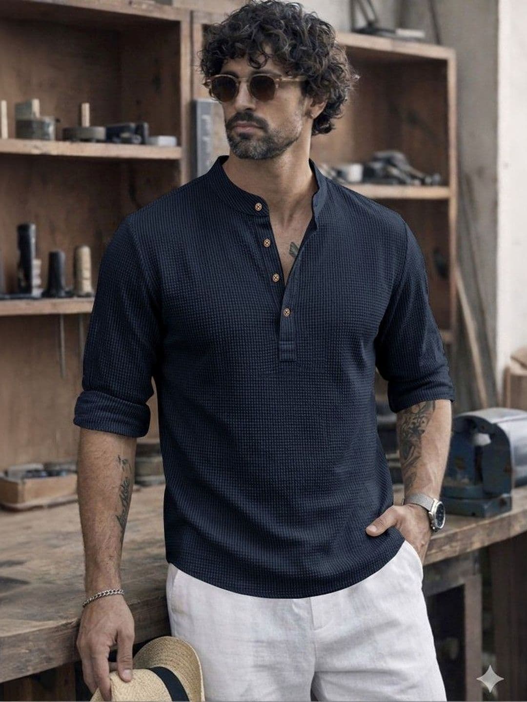 Eyebogler Men Mandarin Collar Roll-Up Sleeves T-shirt - view 1