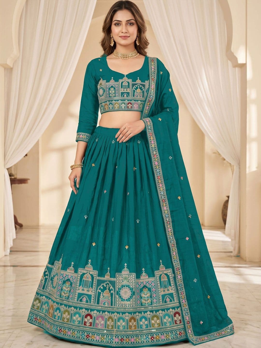 Fashorama Embroidered Thread Work Semi-Stitched Lehenga & Unstitched Blouse With Dupatta - view 1