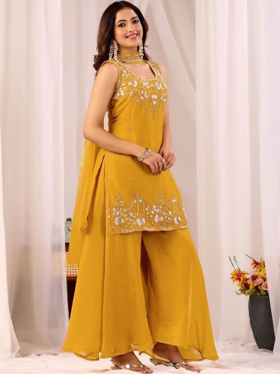 Bouncer Berry Women Ethnic Motifs Embroidered Regular Thread Work Pure Silk Kurta with Sharara & With Dupatta - view 1