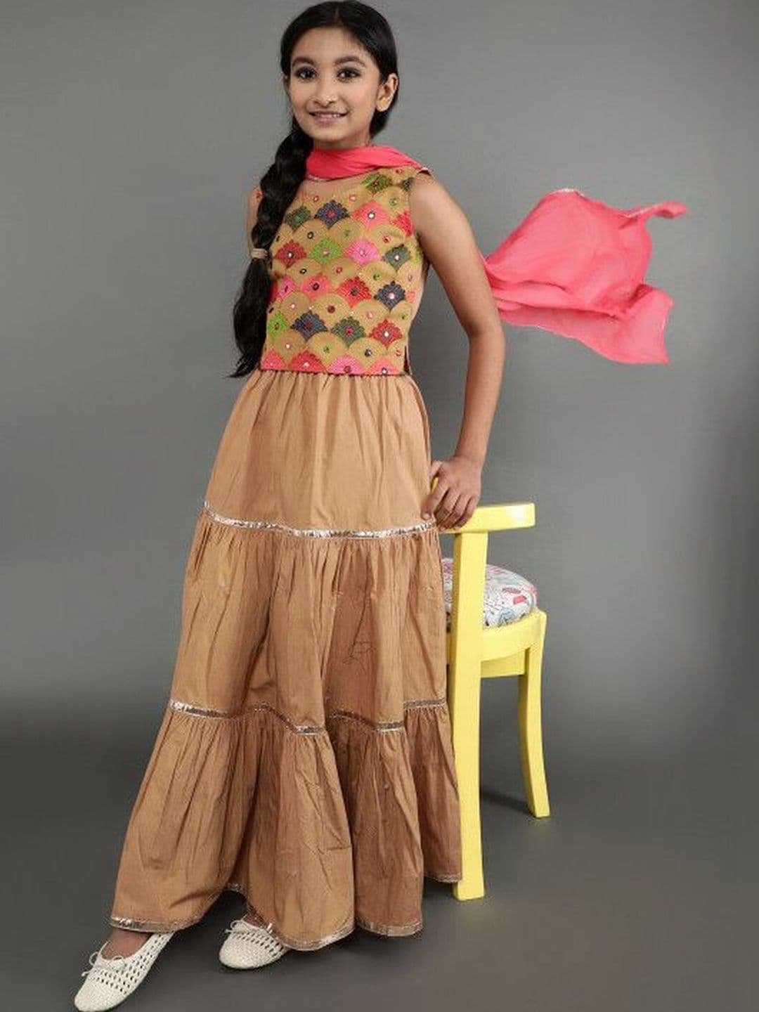 KALINI Girls Embellished Mirror Work Ready to Wear Lehenga & Blouse With Dupatta - view 1
