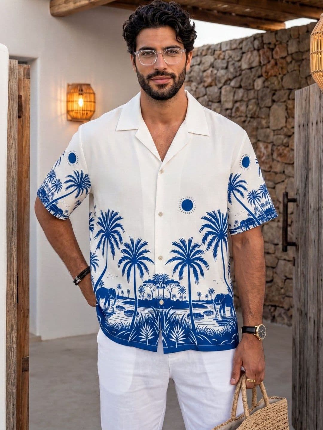 Stenfia Relaxed Fit Floral Printed Short Sleeves Linen Shirt - view 1