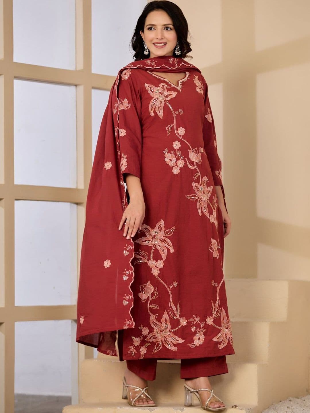 VASUPRADA Women Floral Embroidered Regular Sequinned Pure Cotton Kurta with Trousers & With Dupatta - view 1