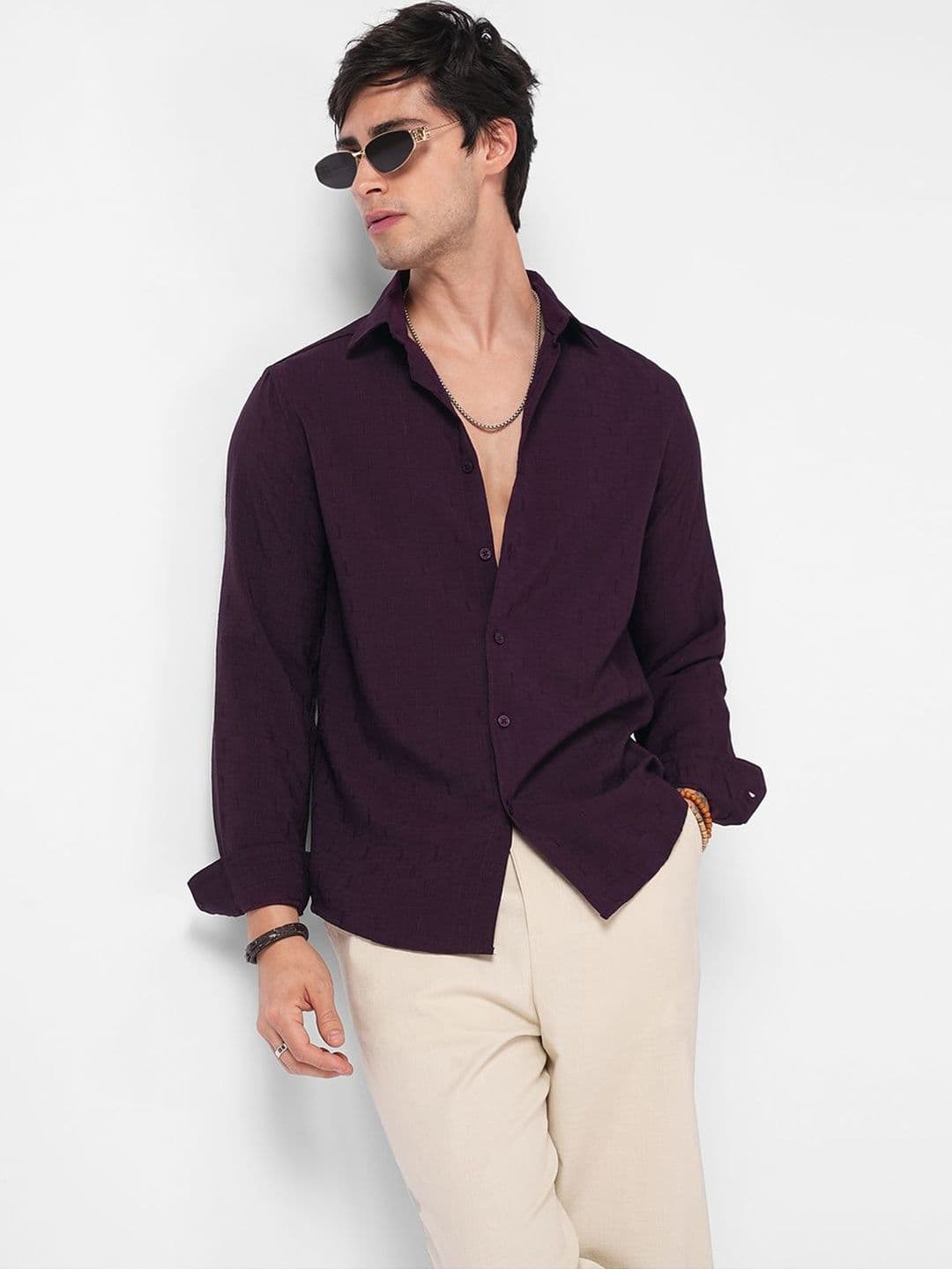 VASTRADO Elegant Wine Slub Textured Shirt - view 1