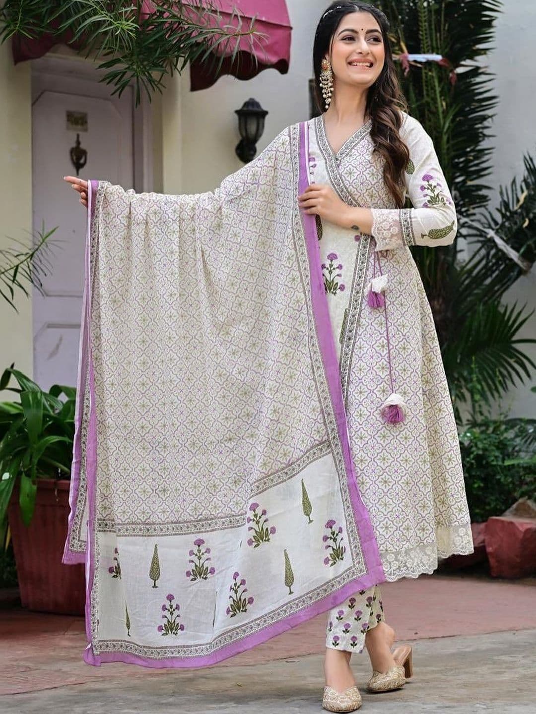 KALINI Women Floral Printed Angrakha Pure Cotton Kurta with Trousers & With Dupatta - view 1